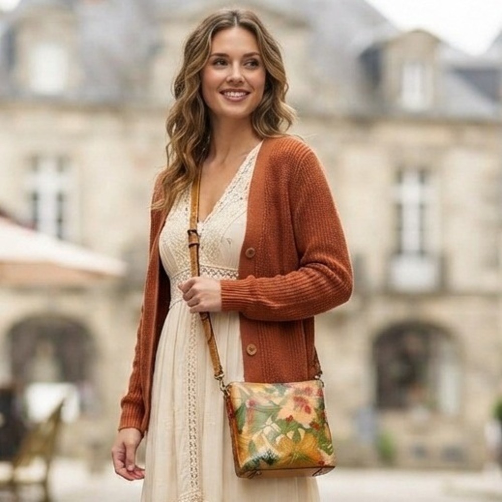 Patricia Nash Floral Crossbody Bag Women Small Tan Leather Hand Painted Artisian